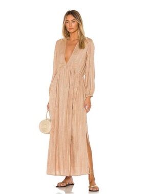 Deep V-Neck Blush Maxi Dress with Long Sleeves